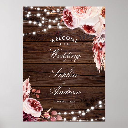 Bohemian Roos rustieke houten bruiloft Welkom Poster (Voorkant)