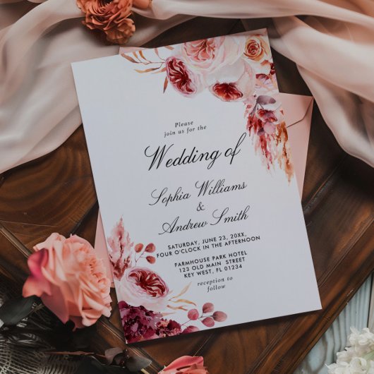 Bohemian Rose Elegant Rustic Wedding Invitation Kaart