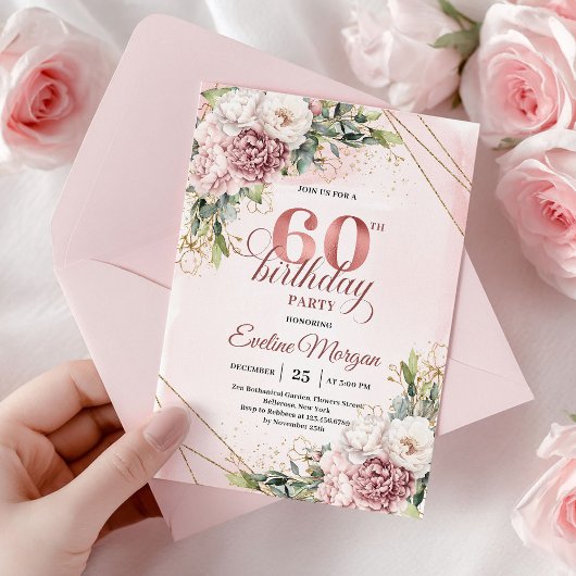 Bohemian Rose Gold Floral Greenery 60th Birthday Kaart
