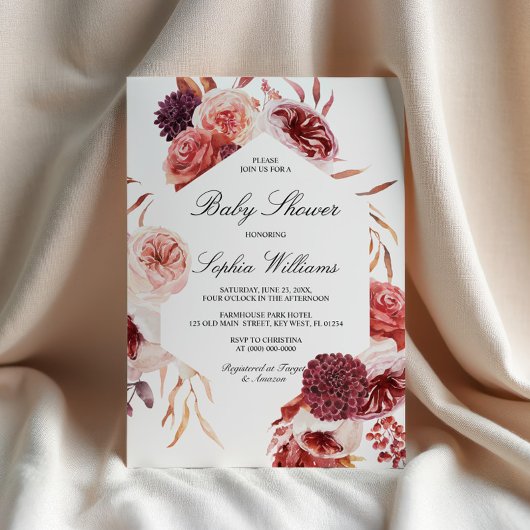Bohemian Rose Marsala Baby Shower Kaart
