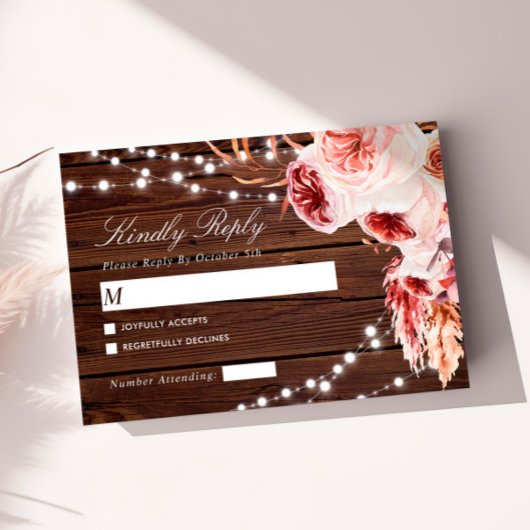 Bohemian Rose Rustic Wood Wedding RSVP Kaartje
