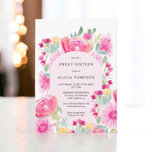 Bohemian roze bloemenboog chic Sweet 16 Kaart