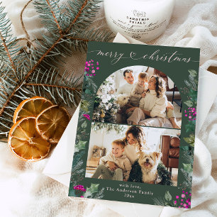 Bohemian Roze Groen 2 Foto Boog Vrolijk Kerstfeest Feestdagenkaart