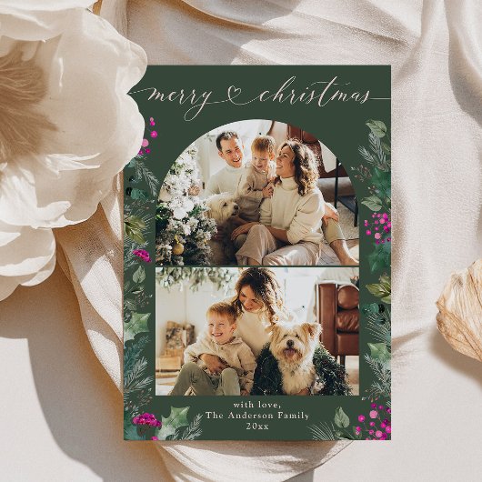 Bohemian Roze Groen 2 Foto Boog Vrolijk Kerstfeest Feestdagenkaart