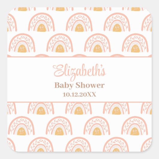 Bohemian roze regenboog Baby shower Vierkante Sticker (Voorkant)