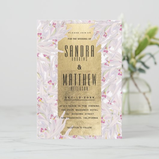 Bohemian roze wit goud orchidee bloemenbruiloft kaart (Staand voorkant)