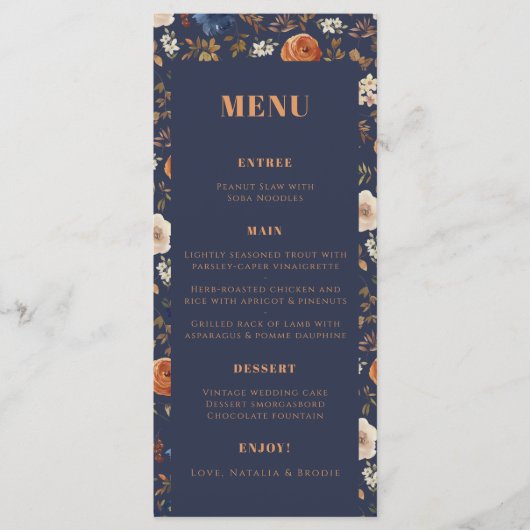 Bohemian Rust Blue French country Wedding Menu (Voorkant)