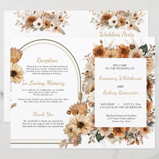 Bohemian Rustic Autumn Floral Wedding Program (Voorkant / Achterkant)