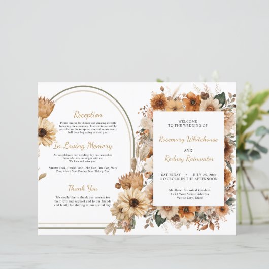 Bohemian Rustic Autumn Floral Wedding Program (Staand voorkant)