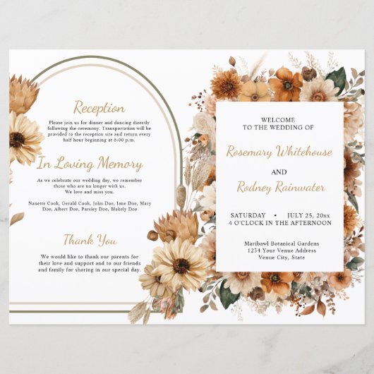Bohemian Rustic Autumn Floral Wedding Program (Voorkant)