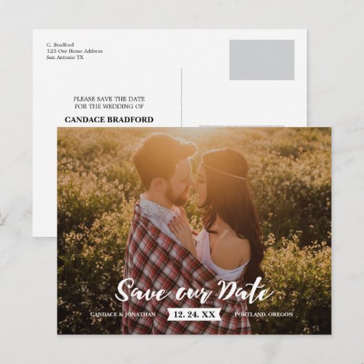 Bohemian Rustic Brush Script Foto Sla de datum op Aankondigingskaart (Voorkant / Achterkant)