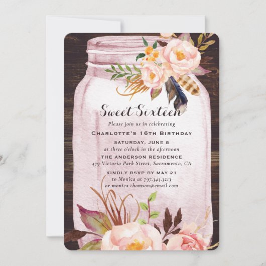 Bohemian Rustic Mason Jar Pink Sweet 16 Verjaardag Kaart (Voorkant)