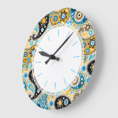Bohemian Seventies Retro Blue en Gold Paisley Grote Klok (Hoek)