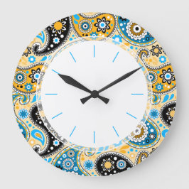 Bohemian Seventies Retro Blue en Gold Paisley Grote Klok