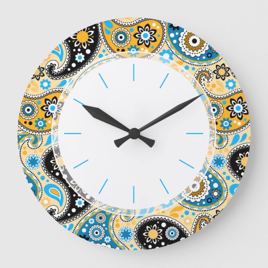 Bohemian Seventies Retro Blue en Gold Paisley Grote Klok (Voorkant)
