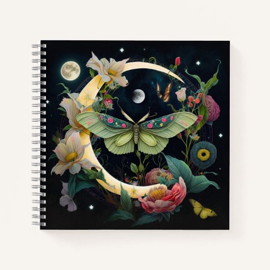 Bohemian Style Moth Moon en Flowers Notitieboek (Voorkant)