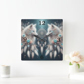 Bohemian Style Wolf en Dreamcatchers Vierkante Klok (Huis)