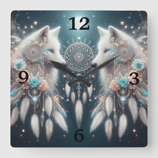 Bohemian Style Wolf en Dreamcatchers Vierkante Klok (Voorkant)