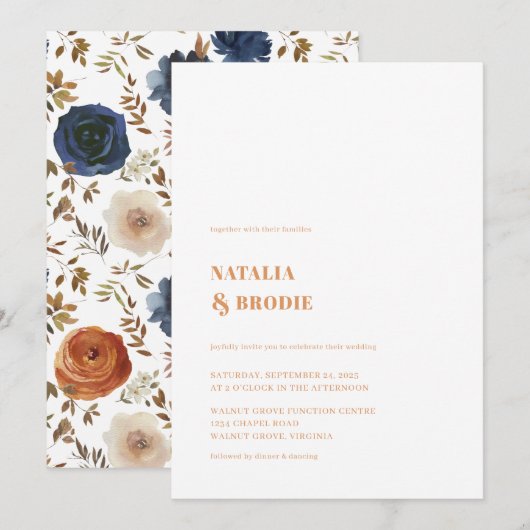 Bohemian Terracotta Blue Floral Wedding Invitation Kaart (Voorkant / Achterkant)