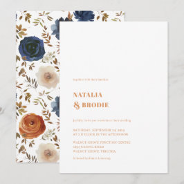 Bohemian Terracotta Blue Floral Wedding Invitation Kaart