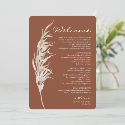 Bohemian Terracotta Bruiloft Welkomstroute Programmakaart (Staand voorkant)