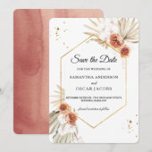 Bohemian Terracotta Dried Palm Leaf & Flowers Save The Date (Voorkant / Achterkant)