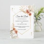 Bohemian Terracotta Dried Palm Leaf & Flowers Save The Date (Staand voorkant)