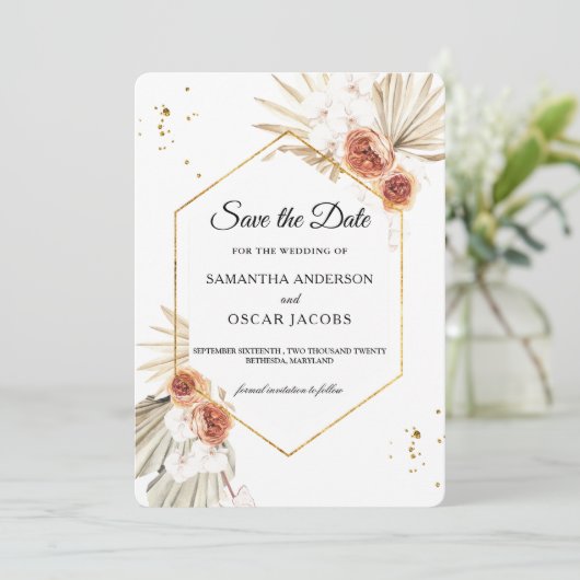 Bohemian Terracotta Dried Palm Leaf & Flowers Save The Date (Staand voorkant)
