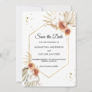 Bohemian Terracotta Dried Palm Leaf & Flowers Save The Date