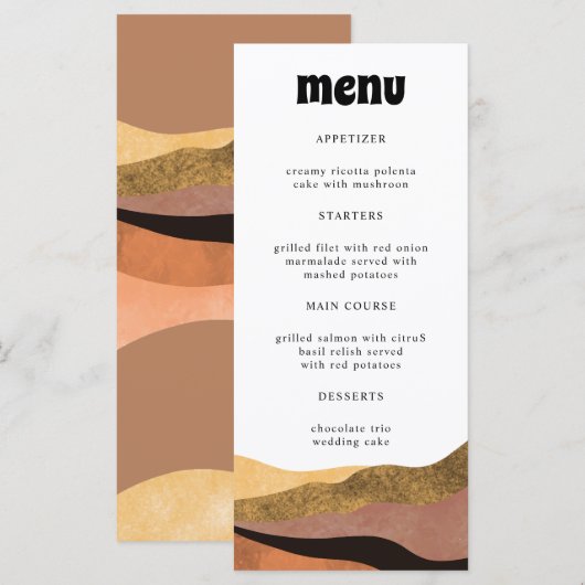 Bohemian Terracotta Groovy Wedding Dinner Menu (Voorkant / Achterkant)