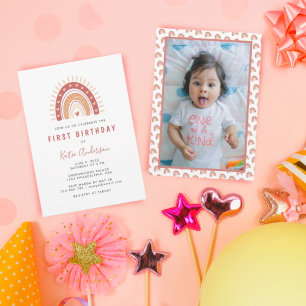 Bohemian Terracotta Rainbow Foto First Birthday Kaart
