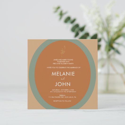 Bohemian Terracotta Sage Green Wedding Invitation Kaart (Staand voorkant)