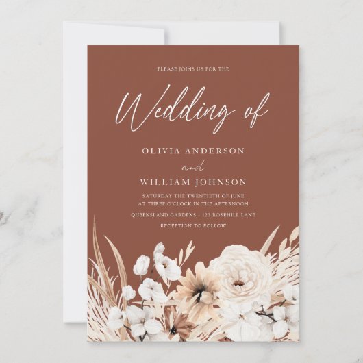 Bohemian Terracotta & White Floral Wedding Kaart (Voorkant)