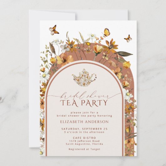 Bohemian Terracotta Wildflowers Bruidsthee Party Kaart (Voorkant)