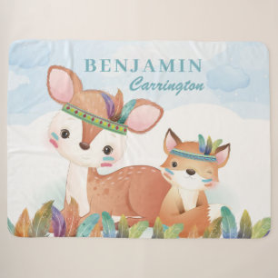 Bohemian Tribal Fox en Fawn with Feathers + Name Sherpa Deken