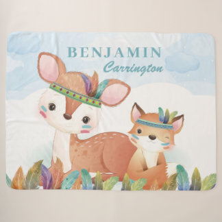 Bohemian Tribal Fox en Fawn with Feathers + Name Sherpa Deken