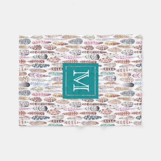 Bohemian Tribal Waterverf Feathers Monogram Fleece Deken (Voorkant (Horizontaal))