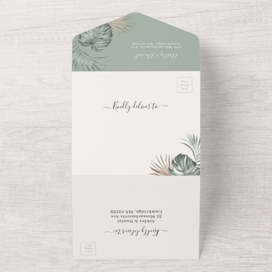 Bohemian Tropical Leaves Wedding All In One Uitnodiging (Buitenkant)