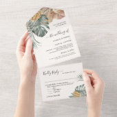 Bohemian Tropical Leaves Wedding All In One Uitnodiging (Afscheurbaar)