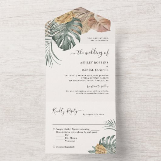 Bohemian Tropical Leaves Wedding All In One Uitnodiging (Binnen)