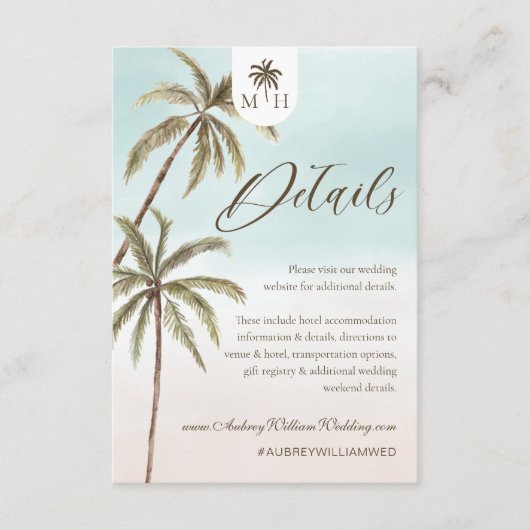 Bohemian Tropical Palm Trees Wedding Guest Details Informatiekaartje (Voorkant)