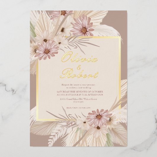 Bohemian Tropische bloemenbruiloft Lijst Folie Uitnodiging (Voorkant)