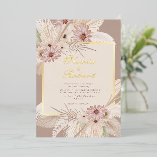 Bohemian Tropische bloemenbruiloft Lijst Folie Uitnodiging (Staand Voorkant)