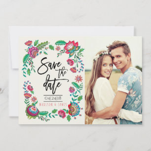 Bohemian Turquoise Stripe Folk Flowers   Foto Save The Date