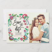 Bohemian Turquoise Stripe Folk Flowers | Foto Save The Date (Voorkant)