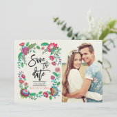 Bohemian Turquoise Stripe Folk Flowers | Foto Save The Date (Staand voorkant)