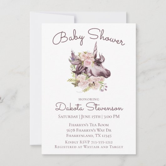 Bohemian Unicorn Baby shower | Wine Boho Floral Kaart (Voorkant)