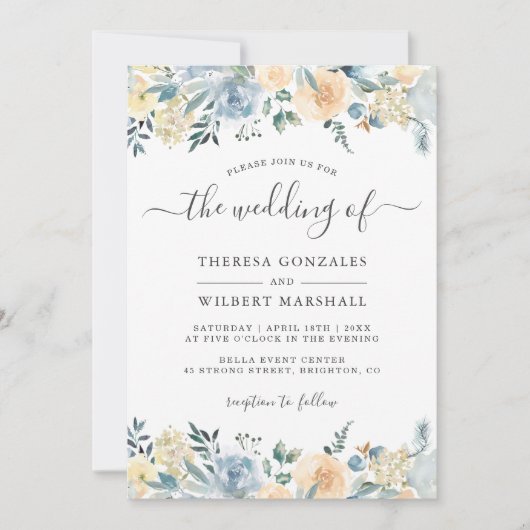 Bohemian Vanilla Blue Floral Spring Wedding Kaart (Voorkant)