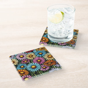 Bohemian Vibrant Daisies - Glas in lood Look Glazen Onderzetter