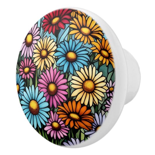 Bohemian Vibrant Daisies - Glas in lood Look Keramische Knop (Rechts)